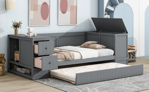 English Elm Twin Twin Size Daybed with Trundle, Storage Drawers and USB Charging Ports — Space-Saving Design Grey GX000349AAE