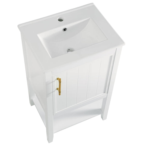 English Elm 20" Matte Freestanding Bathroom Vanity Rubberwood Cabinet Ceramic Sink Open Shelf White N725P391115K