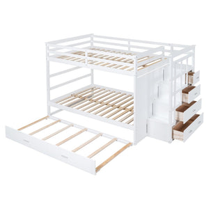 English Elm Full Over Bunk Bed with Twin Trundle Staircase Storage Drawers White Pinewood LT000268AAK