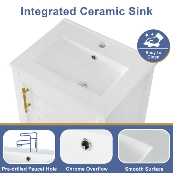 English Elm 20" Matte Freestanding Bathroom Vanity Rubberwood Cabinet Ceramic Sink Open Shelf White N725P391115K