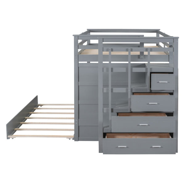 English Elm Full Over Bunk Bed with Staircase Storage Drawers and Twin Trundle Pinewood Frame Gray LT100268AAE