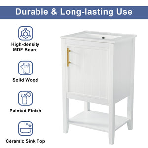 English Elm 20" Matte Freestanding Bathroom Vanity Rubberwood Cabinet Ceramic Sink Open Shelf White N725P391115K