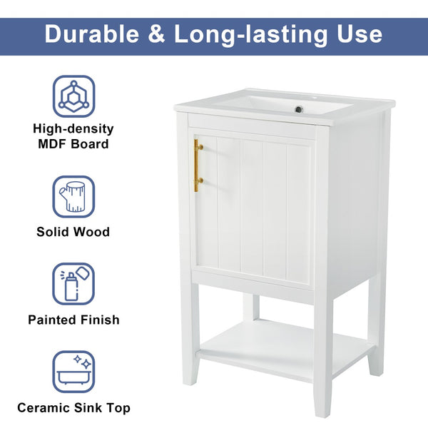 English Elm 20" Matte Freestanding Bathroom Vanity Rubberwood Cabinet Ceramic Sink Open Shelf White N725P391115K