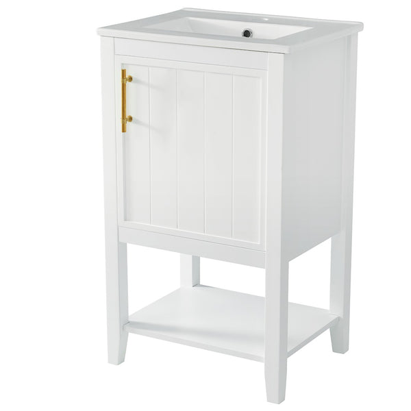 English Elm 20" Matte Freestanding Bathroom Vanity Rubberwood Cabinet Ceramic Sink Open Shelf White N725P391115K