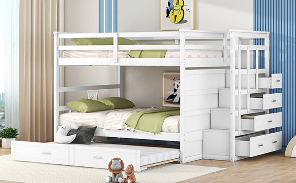 English Elm Full Over Bunk Bed with Twin Trundle Staircase Storage Drawers White Pinewood LT000268AAK