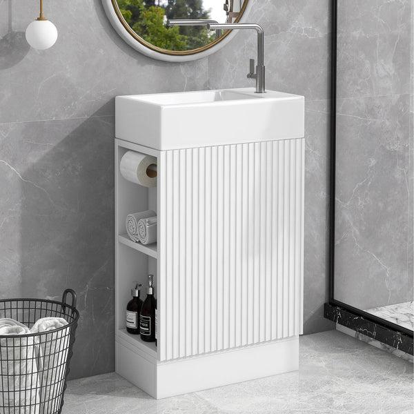 English Elm 18.6" Bathroom Vanity with Sink and Ceramic Top, MDF Cabinet with Door, TP Holder & Shelf White N725P212181K