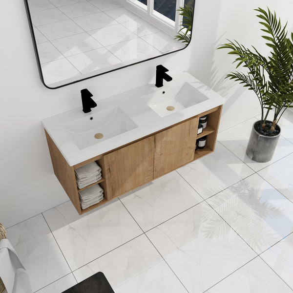 English Elm 48" Wall-Mounted Bathroom Vanity With Double Sinks, Soft-Close Doors, Eco-Friendly Design & Storage W999S00106