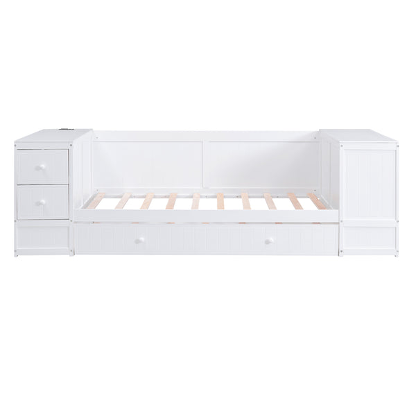 English Elm Twin Twin Size Daybed with Trundle, Storage Drawers and USB Charging Ports — Space-Saving Design White GX000349AAK