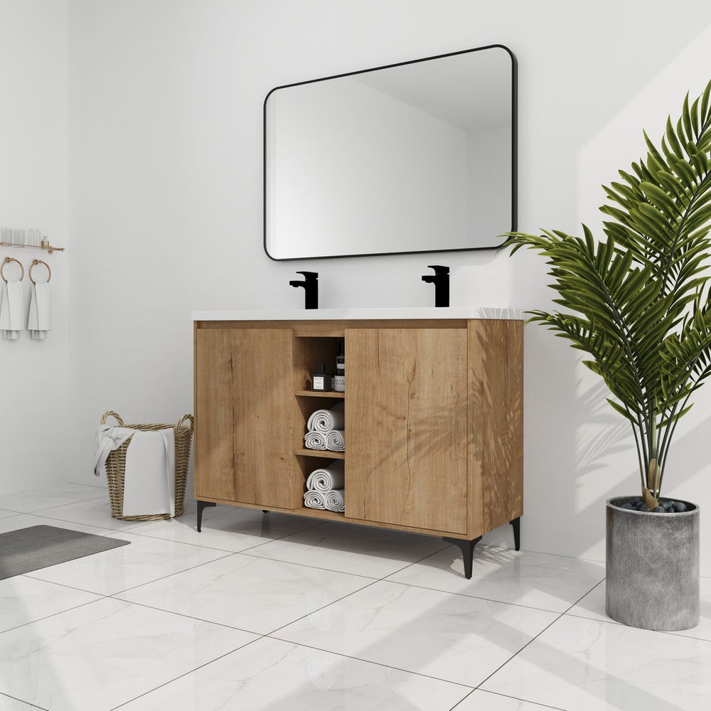 English Elm 48" Freestanding Bathroom Vanity Double Sink with Soft-Close Doors, Resin Twin Basins, Water-Resist Ply W999S00104