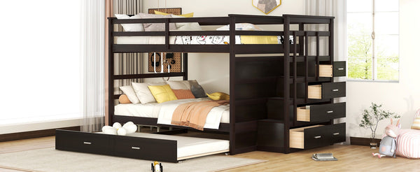 English Elm Full Over Bunk Bed with Staircase Storage Drawers and Twin Trundle Pinewood Frame Espresso LT100268AAP