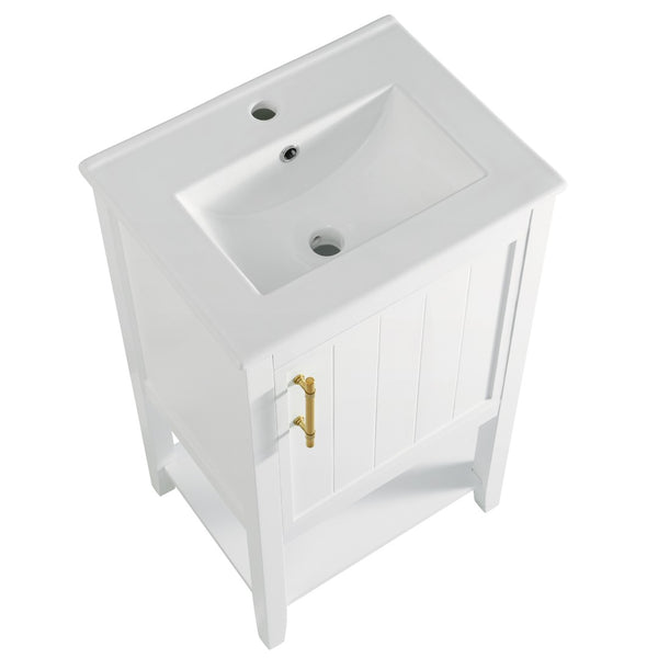 English Elm 20" Matte Freestanding Bathroom Vanity Rubberwood Cabinet Ceramic Sink Open Shelf White N725P391115K