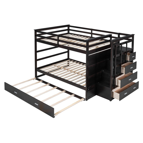English Elm Full Over Bunk Bed with Staircase Storage Drawers and Twin Trundle Pinewood Frame Espresso LT100268AAP