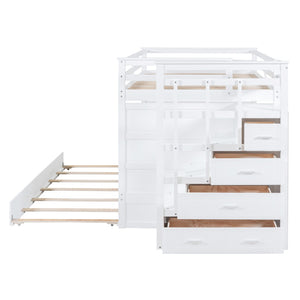 English Elm Full Over Bunk Bed with Twin Trundle Staircase Storage Drawers White Pinewood LT000268AAK