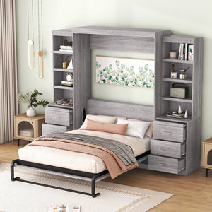 English Elm Full Full Size Murphy Bed with Storage Shelves & Drawers, Gray Cabinet Foldaway Space-Saving Design GX002007AAE