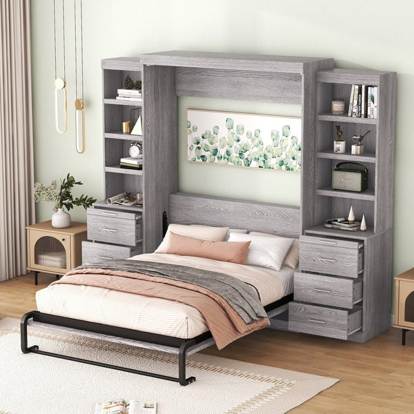 English Elm Full Full Size Murphy Bed with Storage Shelves & Drawers, Gray Cabinet Foldaway Space-Saving Design GX002007AAE