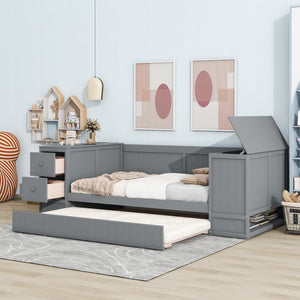 English Elm Twin Twin Size Daybed with Trundle, Storage Drawers and USB Charging Ports — Space-Saving Design Grey GX000349AAE