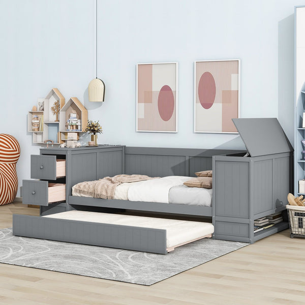 English Elm Twin Twin Size Daybed with Trundle, Storage Drawers and USB Charging Ports — Space-Saving Design Grey GX000349AAE