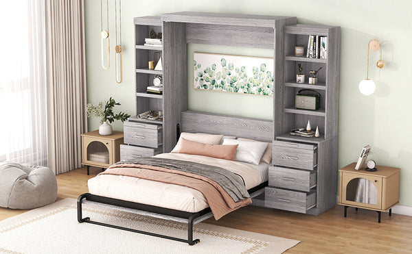English Elm Full Full Size Murphy Bed with Storage Shelves & Drawers, Gray Cabinet Foldaway Space-Saving Design GX002007AAE