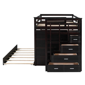 English Elm Full Over Bunk Bed with Staircase Storage Drawers and Twin Trundle Pinewood Frame Espresso LT100268AAP
