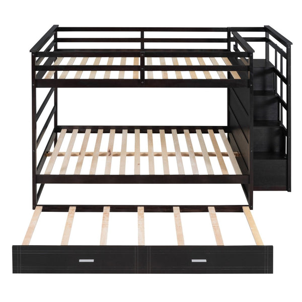 English Elm Full Over Bunk Bed with Staircase Storage Drawers and Twin Trundle Pinewood Frame Espresso LT100268AAP