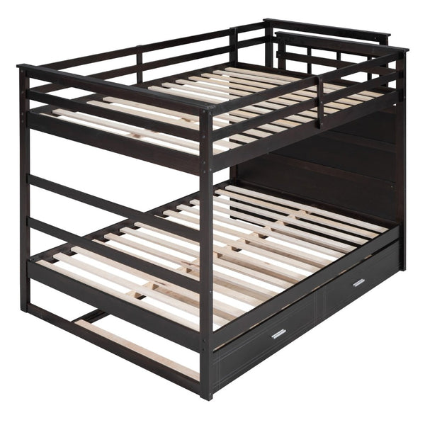 English Elm Full Over Bunk Bed with Staircase Storage Drawers and Twin Trundle Pinewood Frame Espresso LT100268AAP