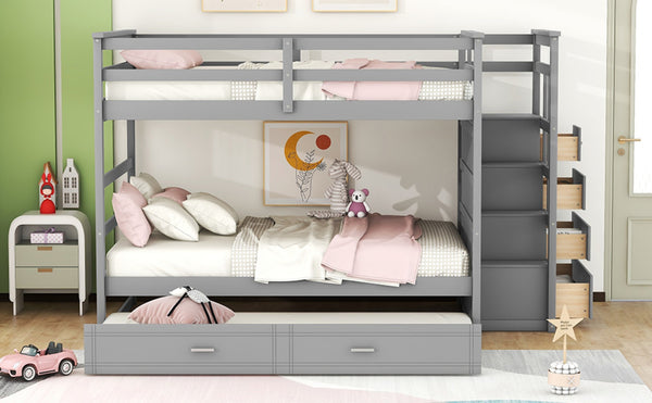 English Elm Full Over Bunk Bed with Staircase Storage Drawers and Twin Trundle Pinewood Frame Gray LT100268AAE