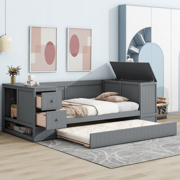 English Elm Twin Twin Size Daybed with Trundle, Storage Drawers and USB Charging Ports — Space-Saving Design Grey GX000349AAE