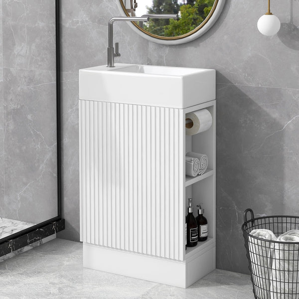 English Elm 18.6" Bathroom Vanity with Sink and Ceramic Top, MDF Cabinet with Door, TP Holder & Shelf White N725P212181K