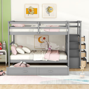 English Elm Full Over Bunk Bed with Staircase Storage Drawers and Twin Trundle Pinewood Frame Gray LT100268AAE