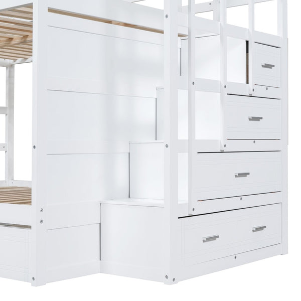 English Elm Full Over Bunk Bed with Staircase Storage Drawers and Twin Trundle Pinewood Frame White LT100268AAK