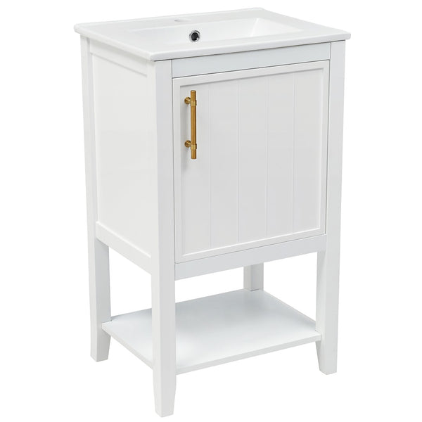 English Elm 20" Matte Freestanding Bathroom Vanity Rubberwood Cabinet Ceramic Sink Open Shelf White N725P391115K