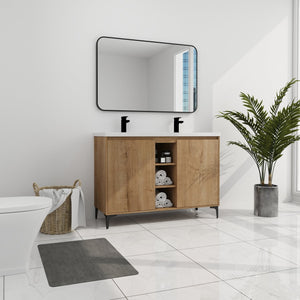 English Elm 48" Freestanding Bathroom Vanity Double Sink with Soft-Close Doors, Resin Twin Basins, Water-Resist Ply W999S00104