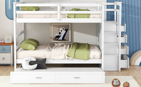 English Elm Full Over Bunk Bed with Twin Trundle Staircase Storage Drawers White Pinewood LT000268AAK
