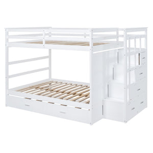 English Elm Full Over Bunk Bed with Twin Trundle Staircase Storage Drawers White Pinewood LT000268AAK