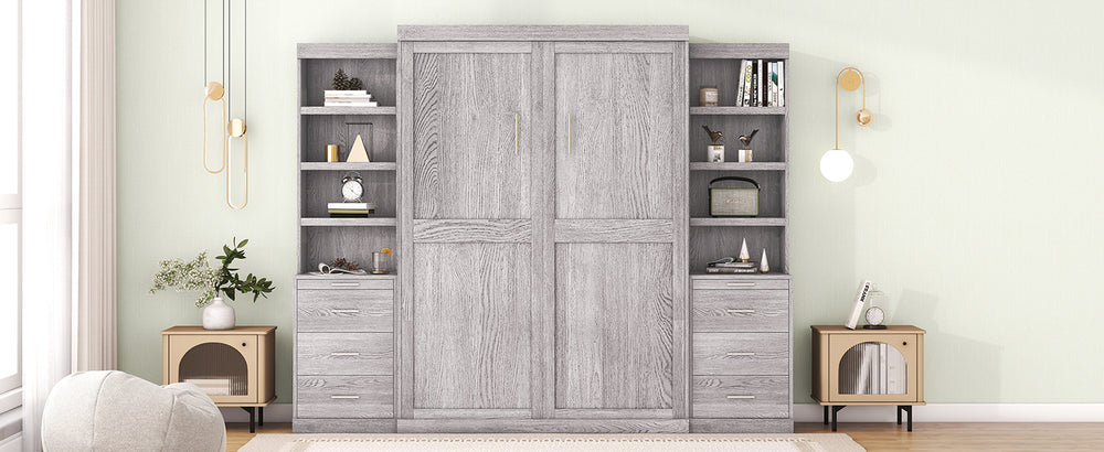 English Elm Full Full Size Murphy Bed with Storage Shelves & Drawers, Gray Cabinet Foldaway Space-Saving Design GX002007AAE