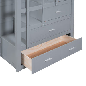 English Elm Full Over Bunk Bed with Staircase Storage Drawers and Twin Trundle Pinewood Frame Gray LT100268AAE