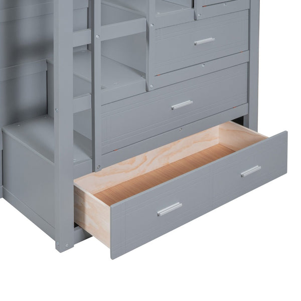 English Elm Full Over Bunk Bed with Staircase Storage Drawers and Twin Trundle Pinewood Frame Gray LT100268AAE