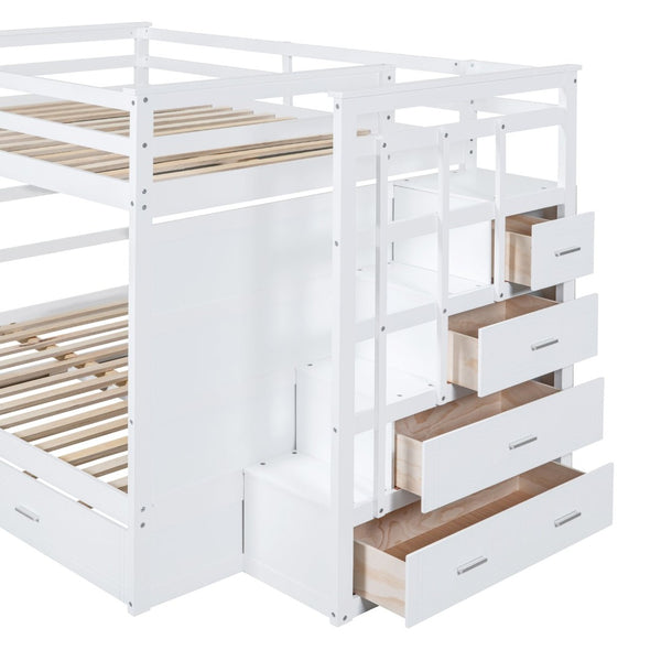 English Elm Full Over Bunk Bed with Staircase Storage Drawers and Twin Trundle Pinewood Frame White LT100268AAK