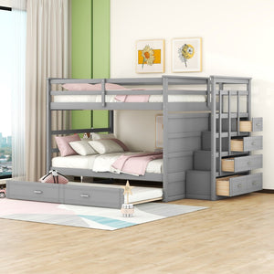 English Elm Full Over Bunk Bed with Staircase Storage Drawers and Twin Trundle Pinewood Frame Gray LT100268AAE