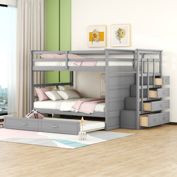 English Elm Full Over Bunk Bed with Staircase Storage Drawers and Twin Trundle Pinewood Frame Gray LT100268AAE