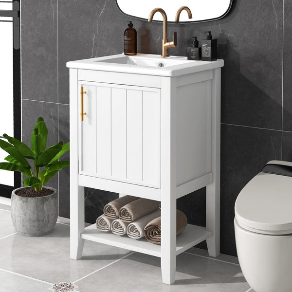 English Elm 20" Matte Freestanding Bathroom Vanity Rubberwood Cabinet Ceramic Sink Open Shelf White N725P391115K