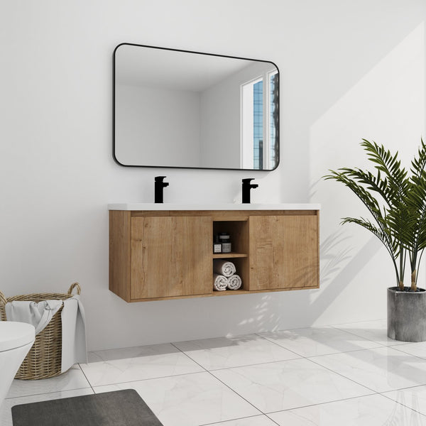 English Elm 48" Wall Mounted Bathroom Vanity With Double Sink, Soft-Close Doors, Modern Design & Storage Solutions W999S00105