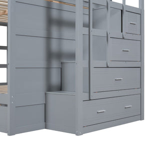English Elm Full Over Bunk Bed with Staircase Storage Drawers and Twin Trundle Pinewood Frame Gray LT100268AAE