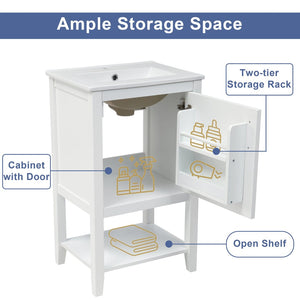 English Elm 20" Matte Freestanding Bathroom Vanity Rubberwood Cabinet Ceramic Sink Open Shelf White N725P391115K