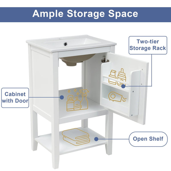 English Elm 20" Matte Freestanding Bathroom Vanity Rubberwood Cabinet Ceramic Sink Open Shelf White N725P391115K