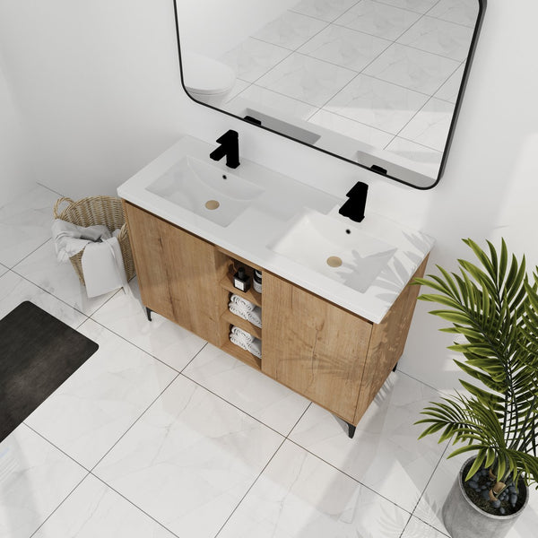 English Elm 48" Freestanding Bathroom Vanity Double Sink with Soft-Close Doors, Resin Twin Basins, Water-Resist Ply W999S00104