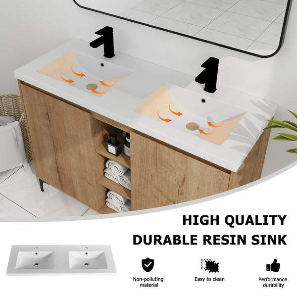 English Elm 48" Freestanding Bathroom Vanity Double Sink with Soft-Close Doors, Resin Twin Basins, Water-Resist Ply W999S00104