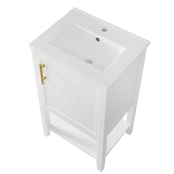 English Elm 20" Matte Freestanding Bathroom Vanity Rubberwood Cabinet Ceramic Sink Open Shelf White N725P391115K