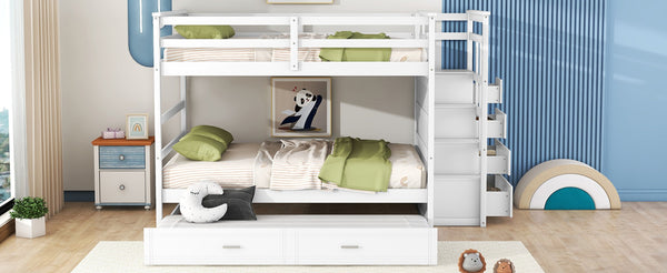 English Elm Full Over Bunk Bed with Twin Trundle Staircase Storage Drawers White Pinewood LT000268AAK