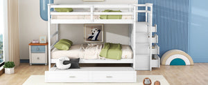 English Elm Full Over Bunk Bed with Staircase Storage Drawers and Twin Trundle Pinewood Frame White LT100268AAK